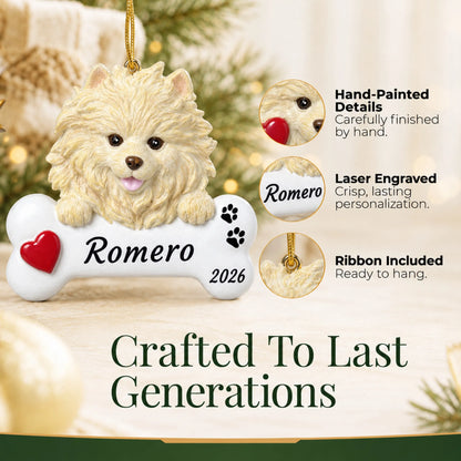 Hand-painted, laser engraved Pomeranian Dog Bone christmas ornament, ribbon included