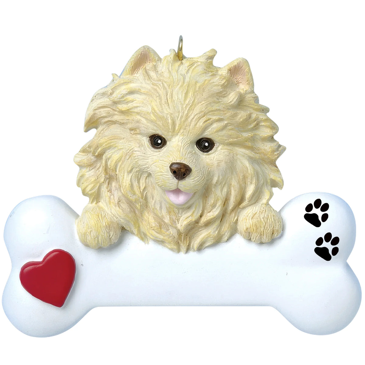 Personalized Pomeranian dog bone Christmas ornament shown blank, ready for your dog's name and year