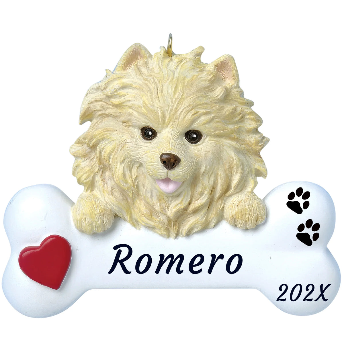 Personalized Pomeranian dog bone Christmas ornament, a fluffy cream Pom on a white bone, red heart, name and year
