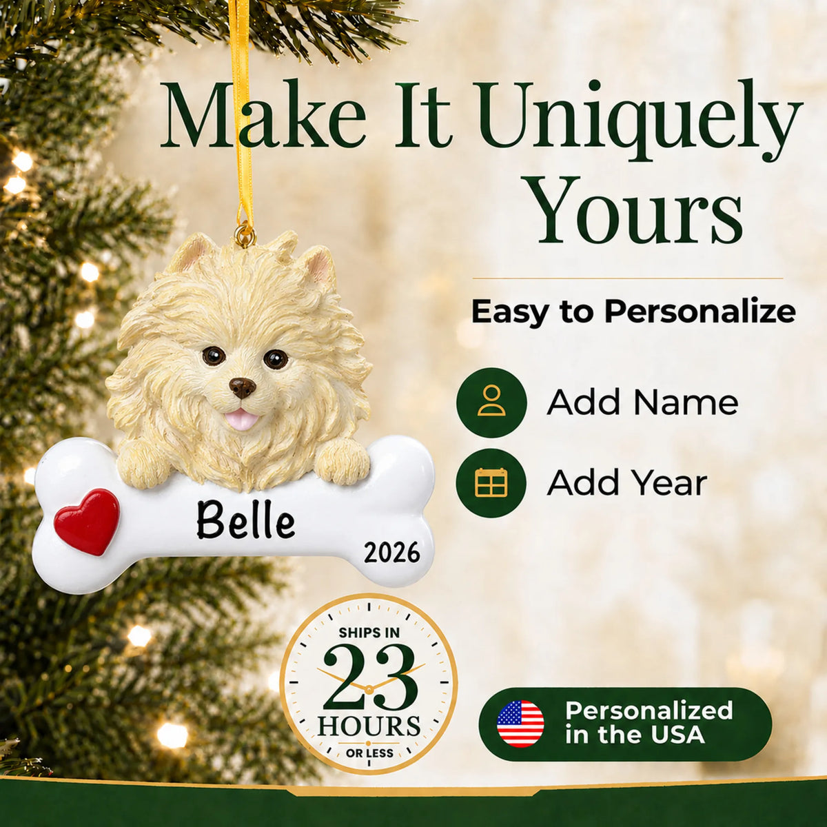 Personalized Pomeranian Christmas ornament with name and year options, ships in 23 hours, made in the USA