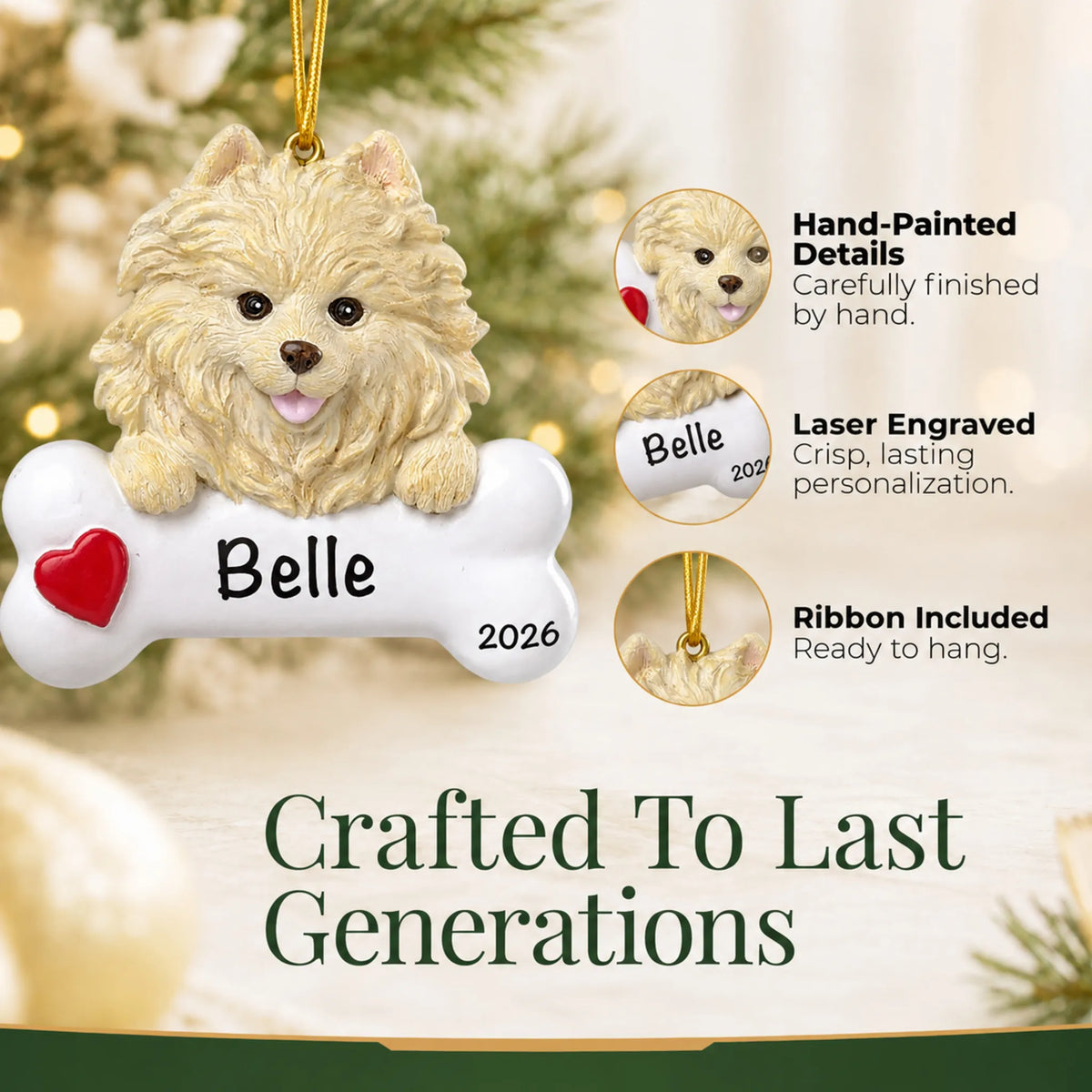 Close-up of the personalized Pomeranian Christmas ornament showing hand-painted details and laser engraving