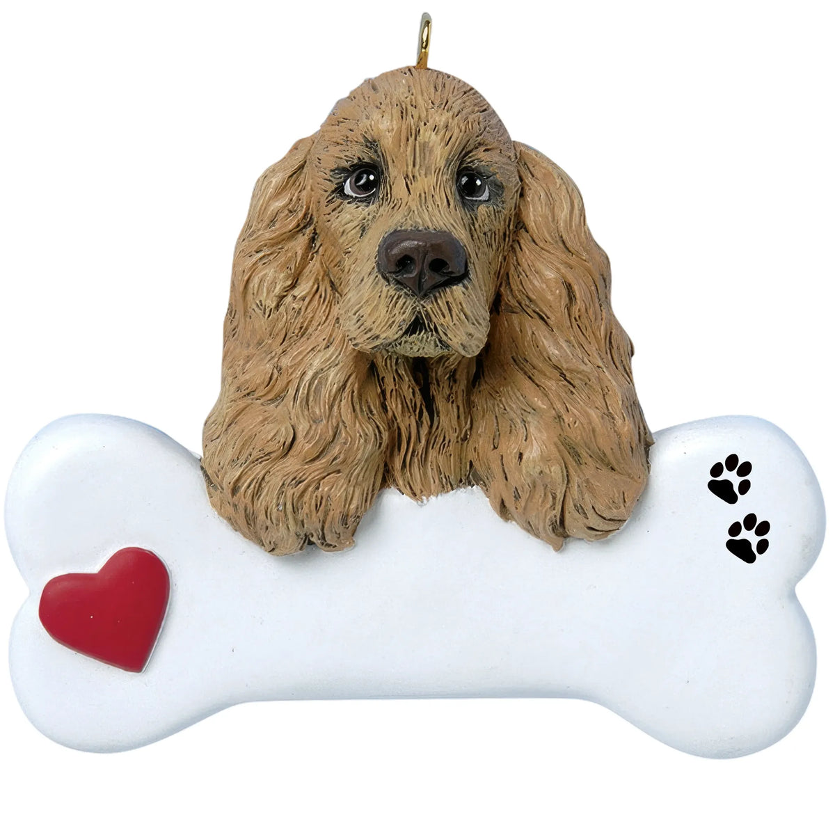Personalized cocker spaniel dog bone Christmas ornament shown blank, ready for your dog's name and year