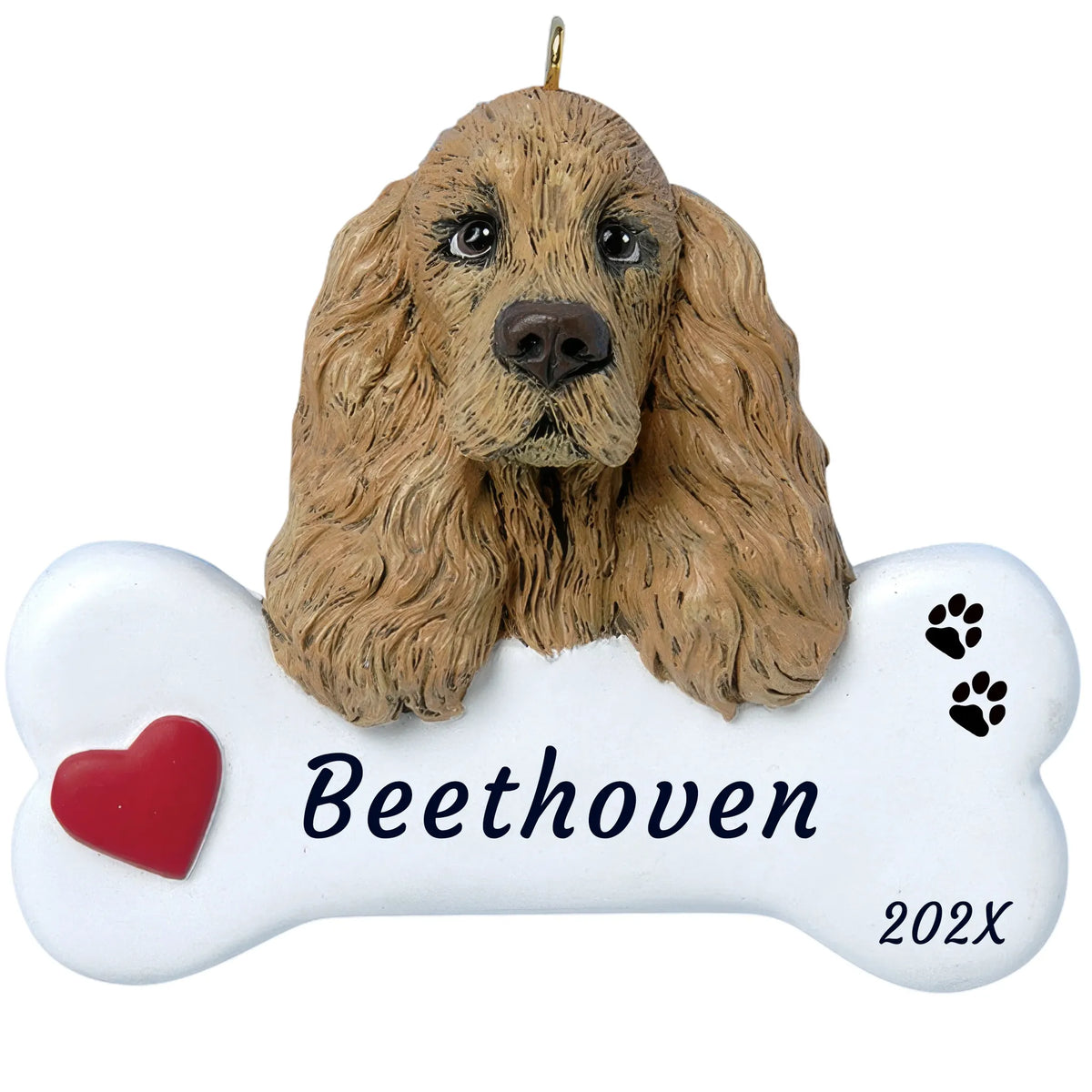 Personalized cocker spaniel dog bone Christmas ornament, a buff cocker with long ears on a white bone, name and year