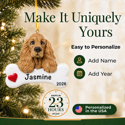 Personalized cocker spaniel Christmas ornament with name and year options, ships in 23 hours, made in the USA