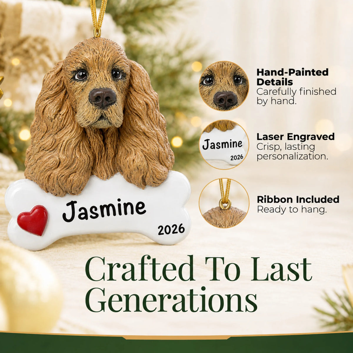 Close-up of the personalized cocker spaniel Christmas ornament showing hand-painted details and laser engraving