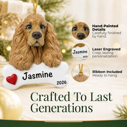 Close-up of the personalized cocker spaniel Christmas ornament showing hand-painted details and laser engraving
