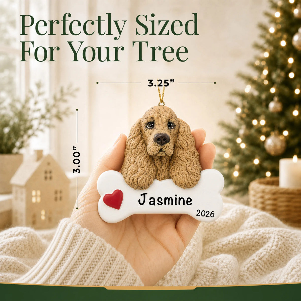 Hand holding the personalized cocker spaniel Christmas ornament to show its 3.25 inch width