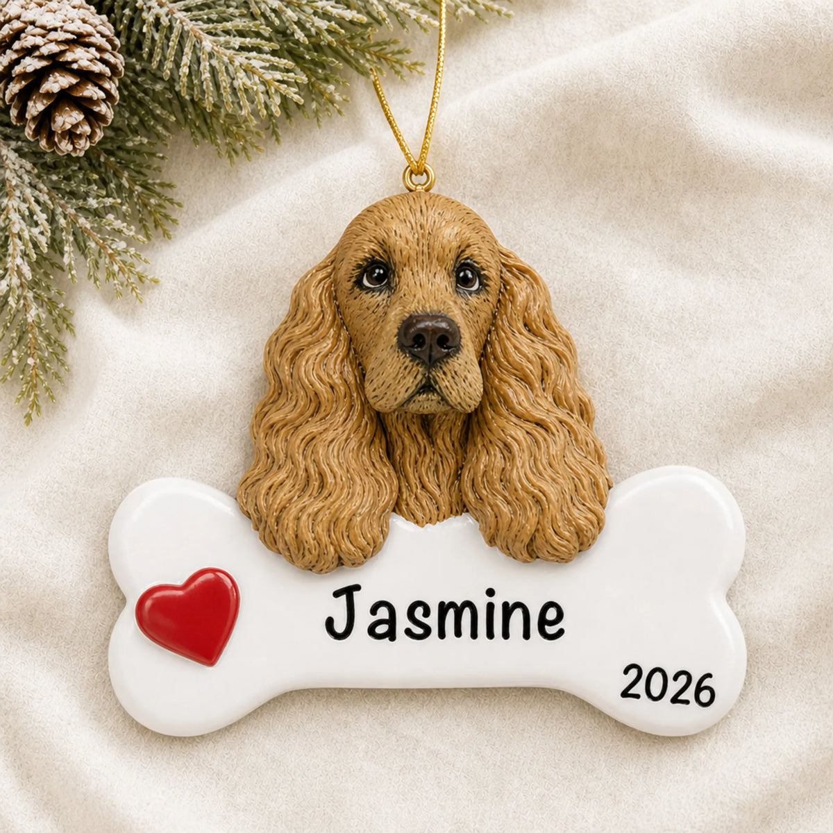Personalized cocker spaniel dog bone Christmas ornament resting on a soft white blanket with pine and pinecones