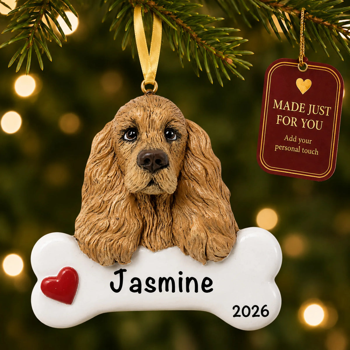 Personalized cocker spaniel Christmas ornament hanging on a lit tree beside a Made Just For You tag