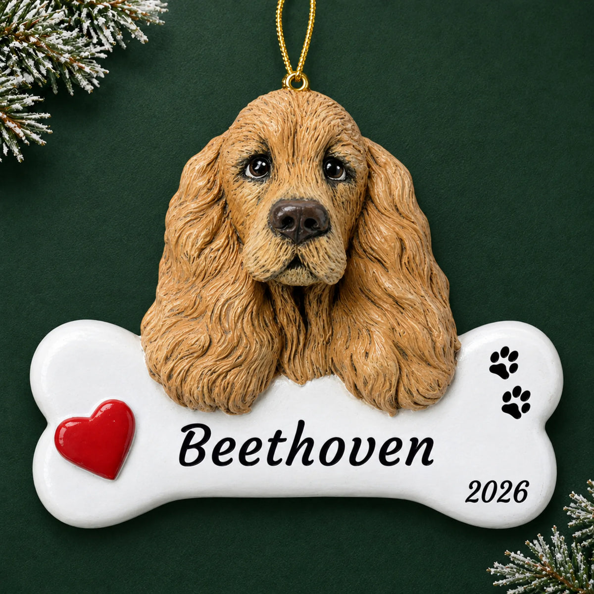 Personalized Cocker Spaniel Dog Bone christmas ornament on a dark green pine background