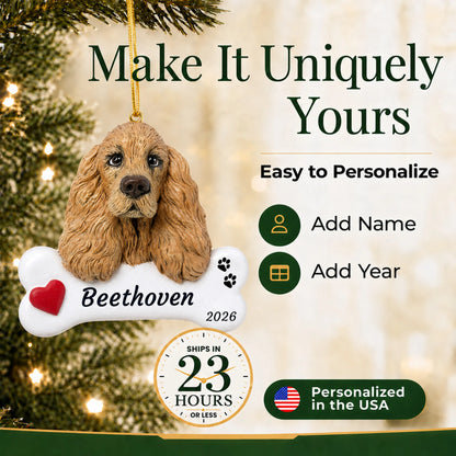 Make it yours: personalize the Cocker Spaniel Dog Bone christmas ornament with your dog's name and the year