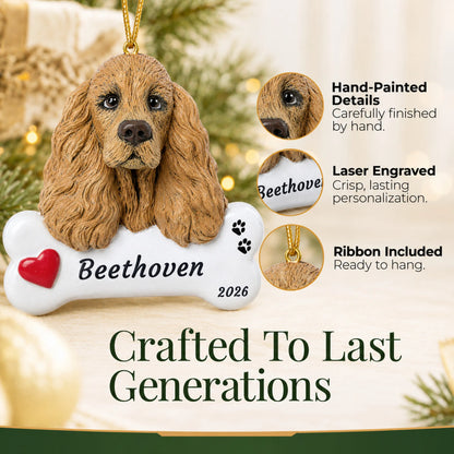 Hand-painted, laser engraved Cocker Spaniel Dog Bone christmas ornament, ribbon included