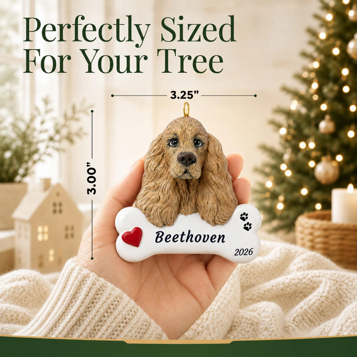 Size guide: the personalized Cocker Spaniel Dog Bone christmas ornament is 3.25 in wide by 3.00 in tall, shown in hand