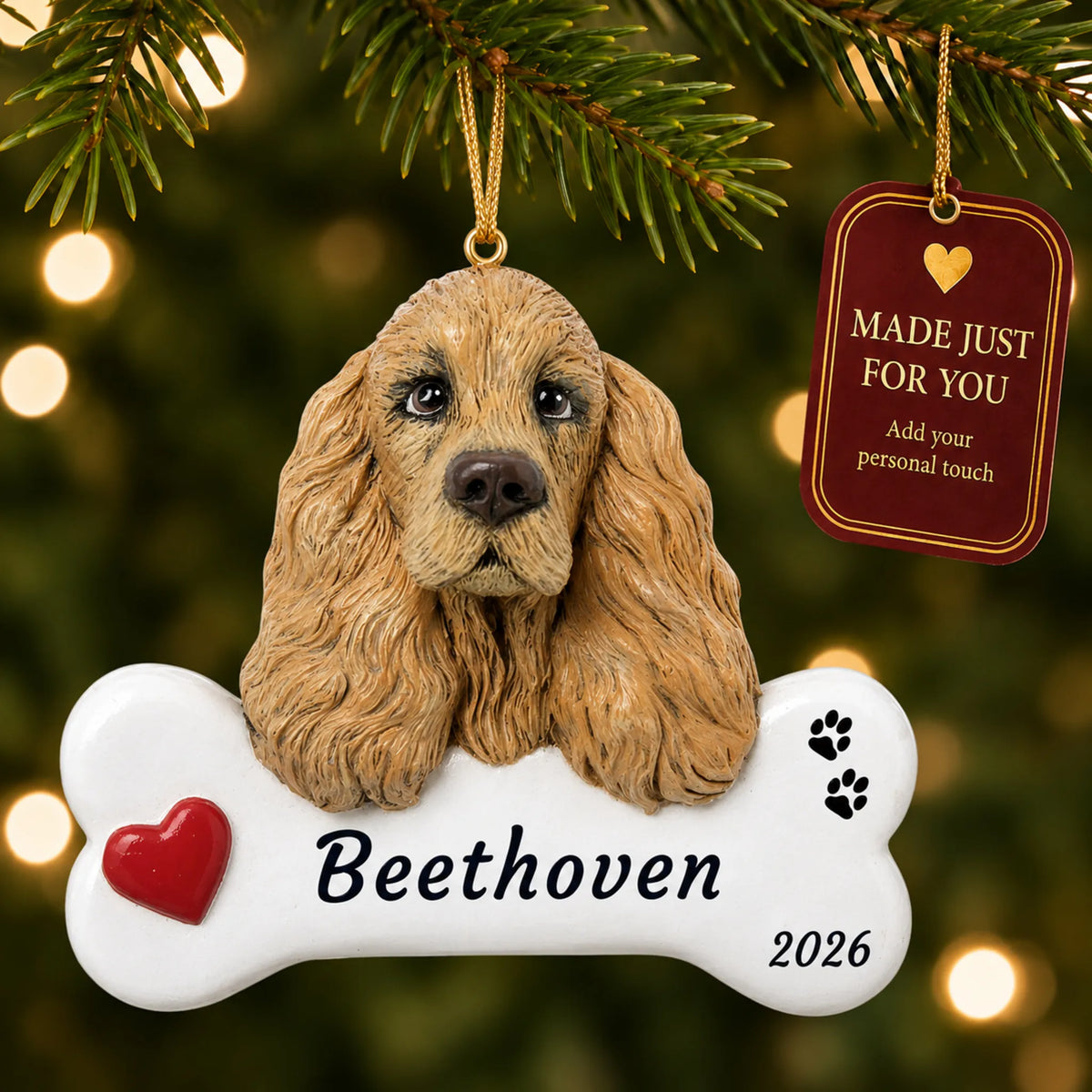 Cocker Spaniel Dog Bone christmas ornament hanging on a lit Christmas tree with a Made Just For You gift tag