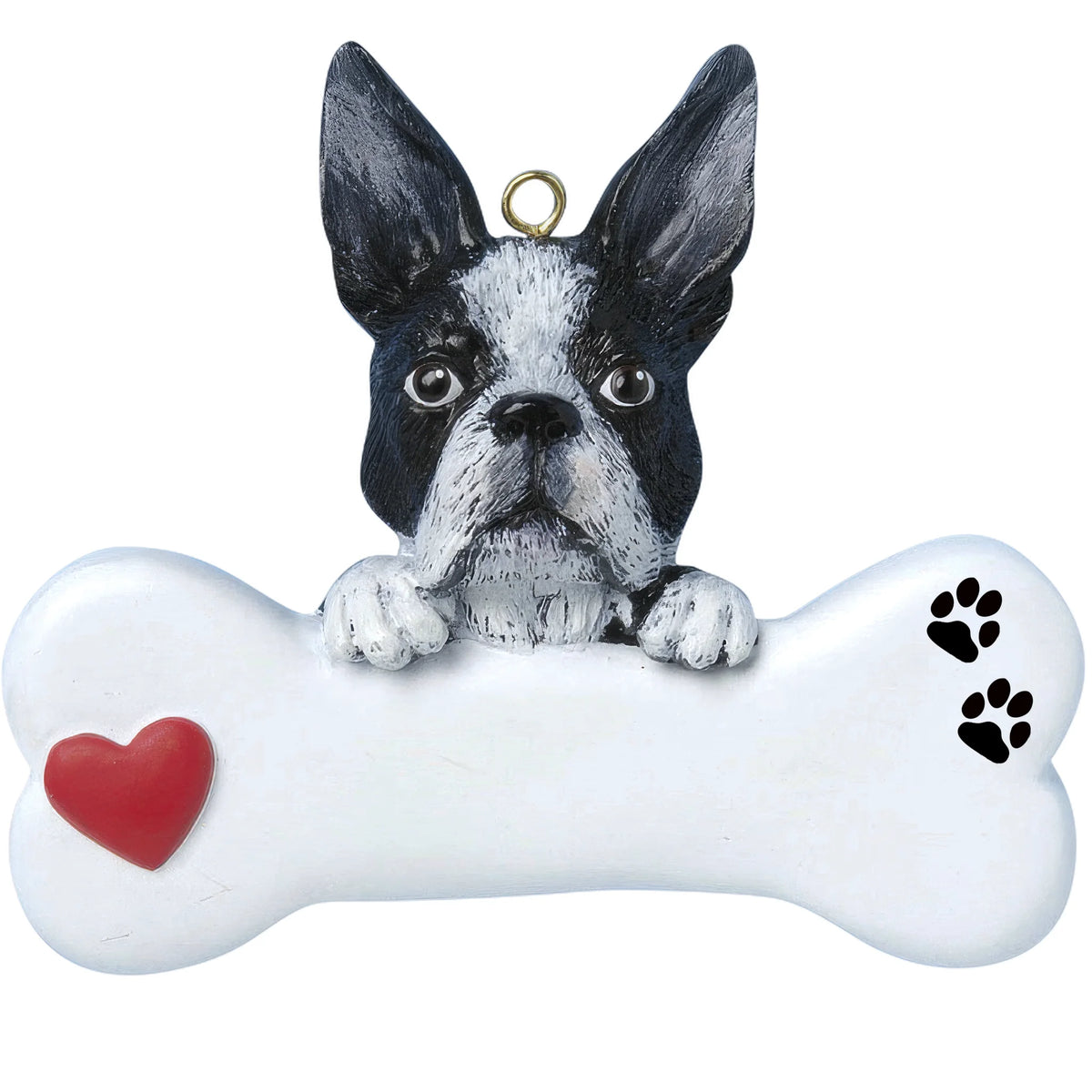 Personalized Boston terrier dog bone Christmas ornament shown blank, ready for your dog's name and year