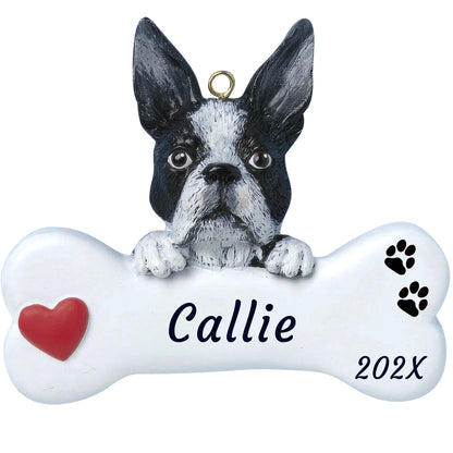 Personalized Boston terrier dog bone Christmas ornament, a black and white Boston on a white bone, red heart, name and year