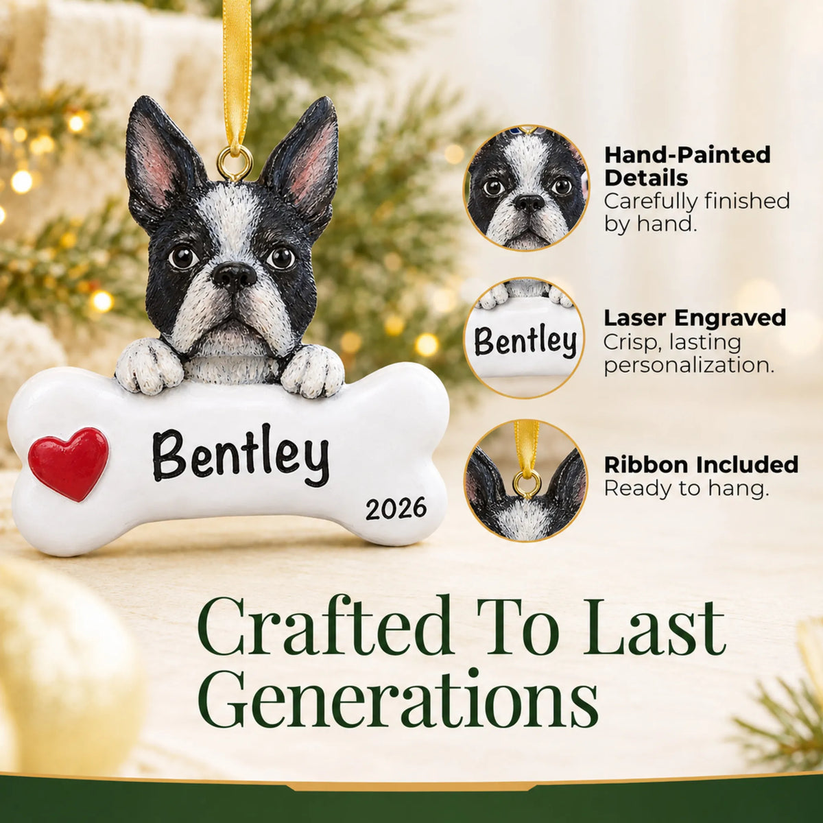 Close-up of the personalized Boston terrier Christmas ornament showing hand-painted details and laser engraving