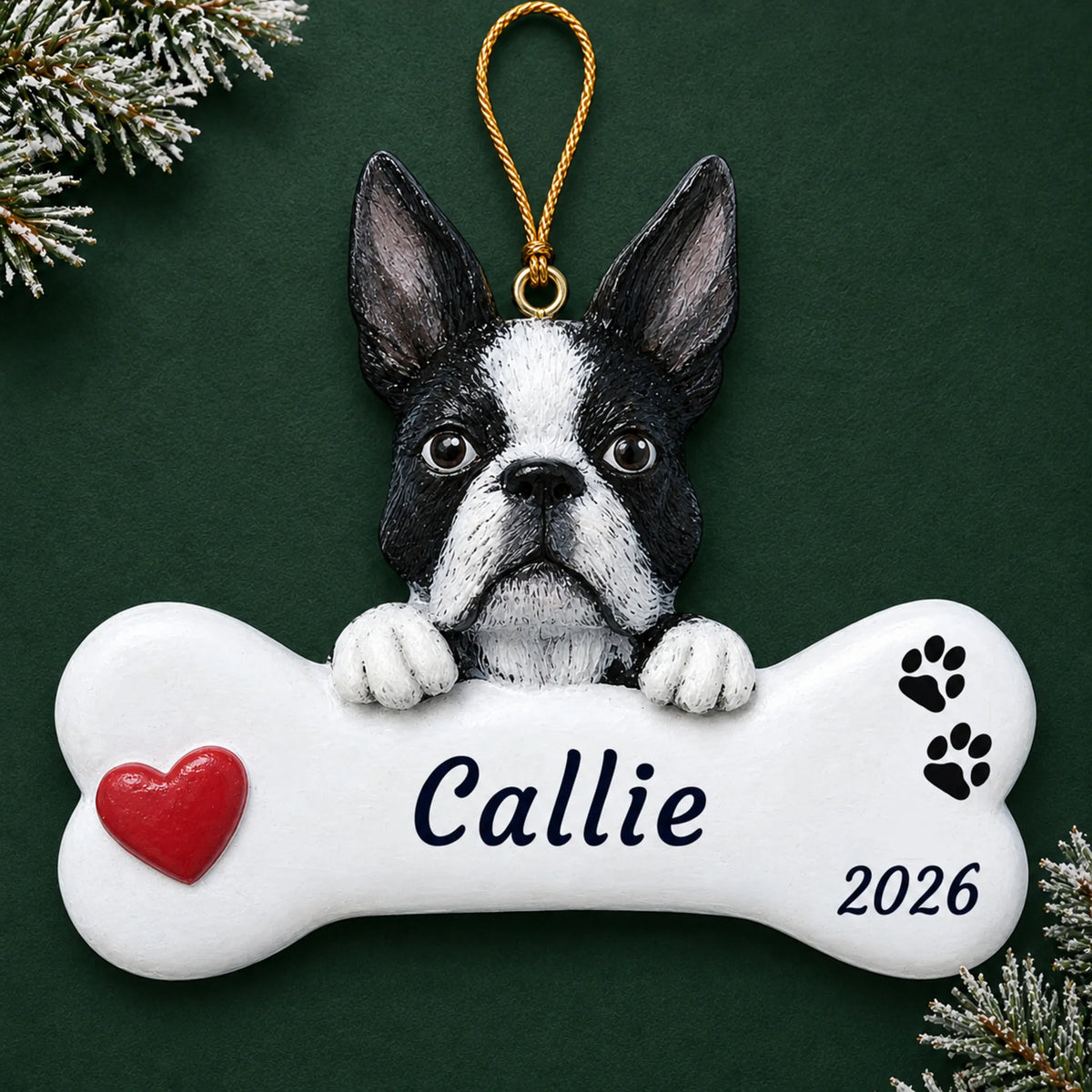 Personalized Boston Terrier Dog Bone christmas ornament on a dark green pine background