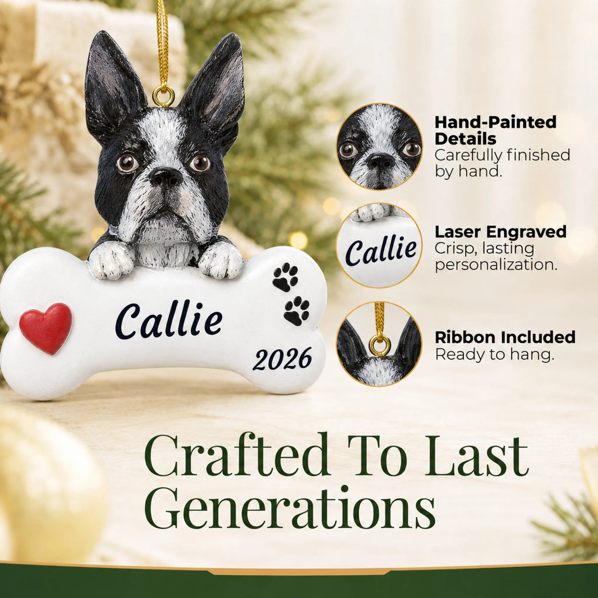 Hand-painted, laser engraved Boston Terrier Dog Bone christmas ornament, ribbon included