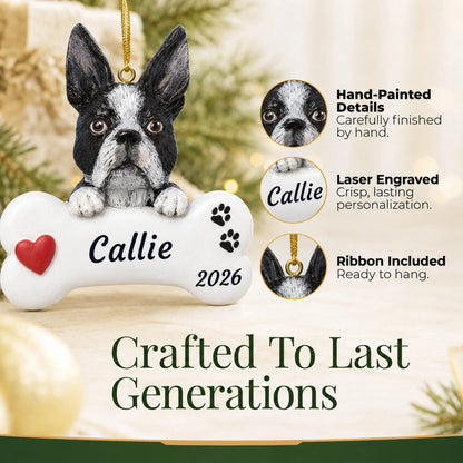 Hand-painted, laser engraved Boston Terrier Dog Bone christmas ornament, ribbon included