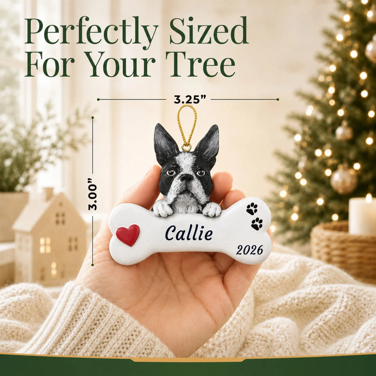 Size guide: the personalized Boston Terrier Dog Bone christmas ornament is 3.25 in wide by 3.00 in tall, shown in hand
