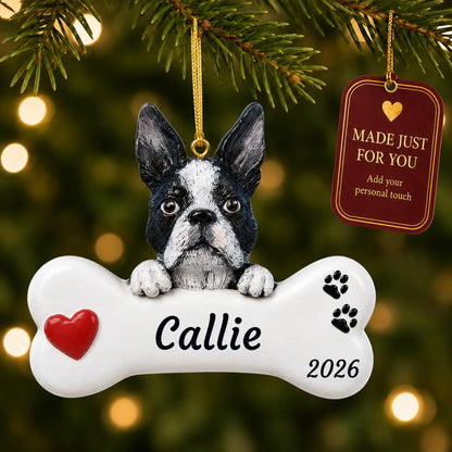 Boston Terrier Dog Bone christmas ornament hanging on a lit Christmas tree with a Made Just For You gift tag