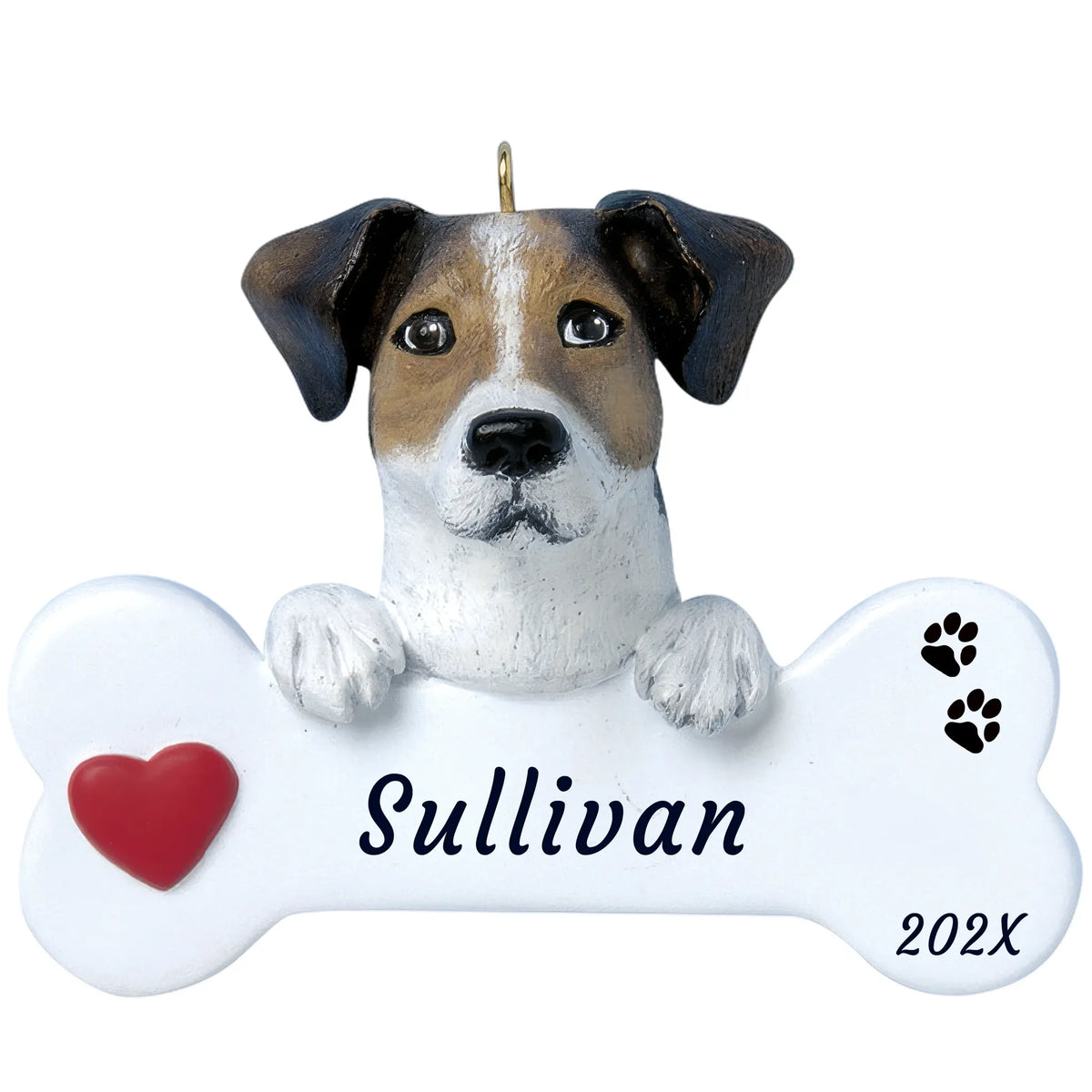 Personalized Jack Russell dog bone Christmas ornament, a white and tan Jack Russell on a white bone, red heart, name and year