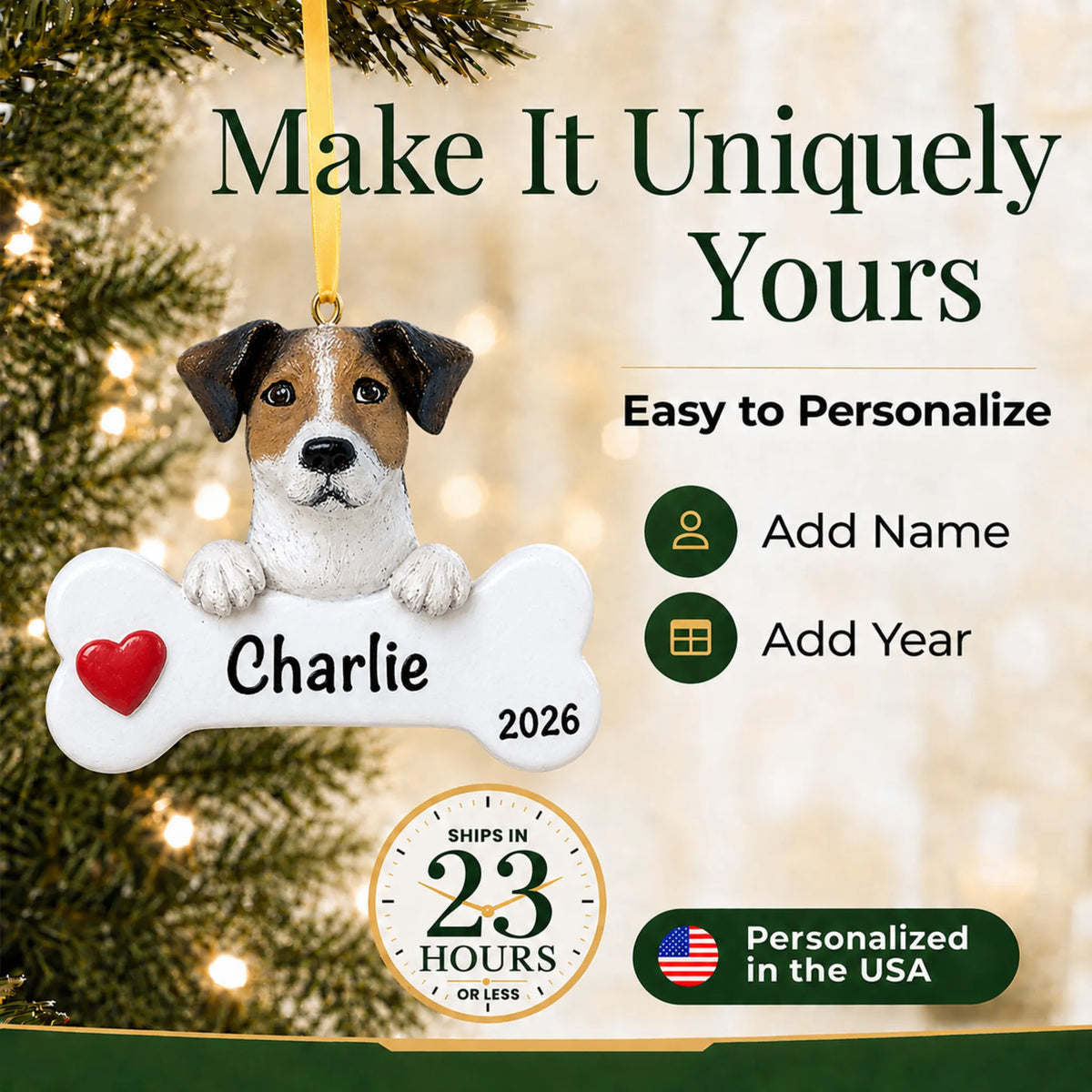 Personalized Jack Russell Christmas ornament with name and year options, ships in 23 hours, made in the USA