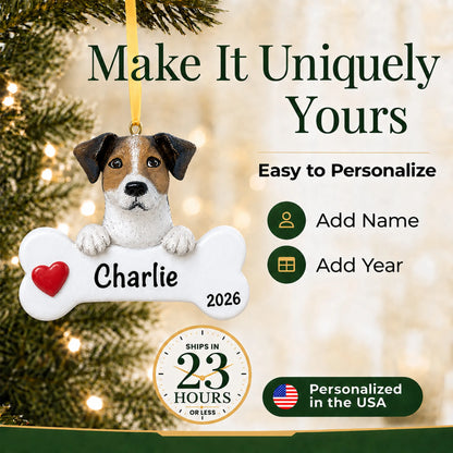 Personalized Jack Russell Christmas ornament with name and year options, ships in 23 hours, made in the USA