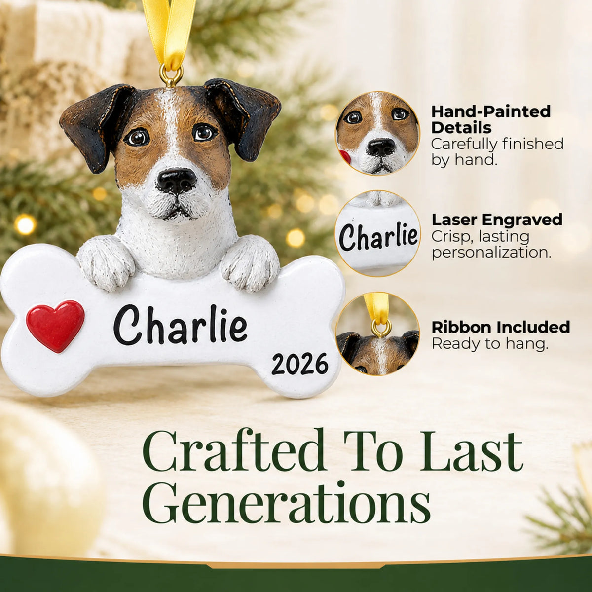 Close-up of the personalized Jack Russell Christmas ornament showing hand-painted details and laser engraving