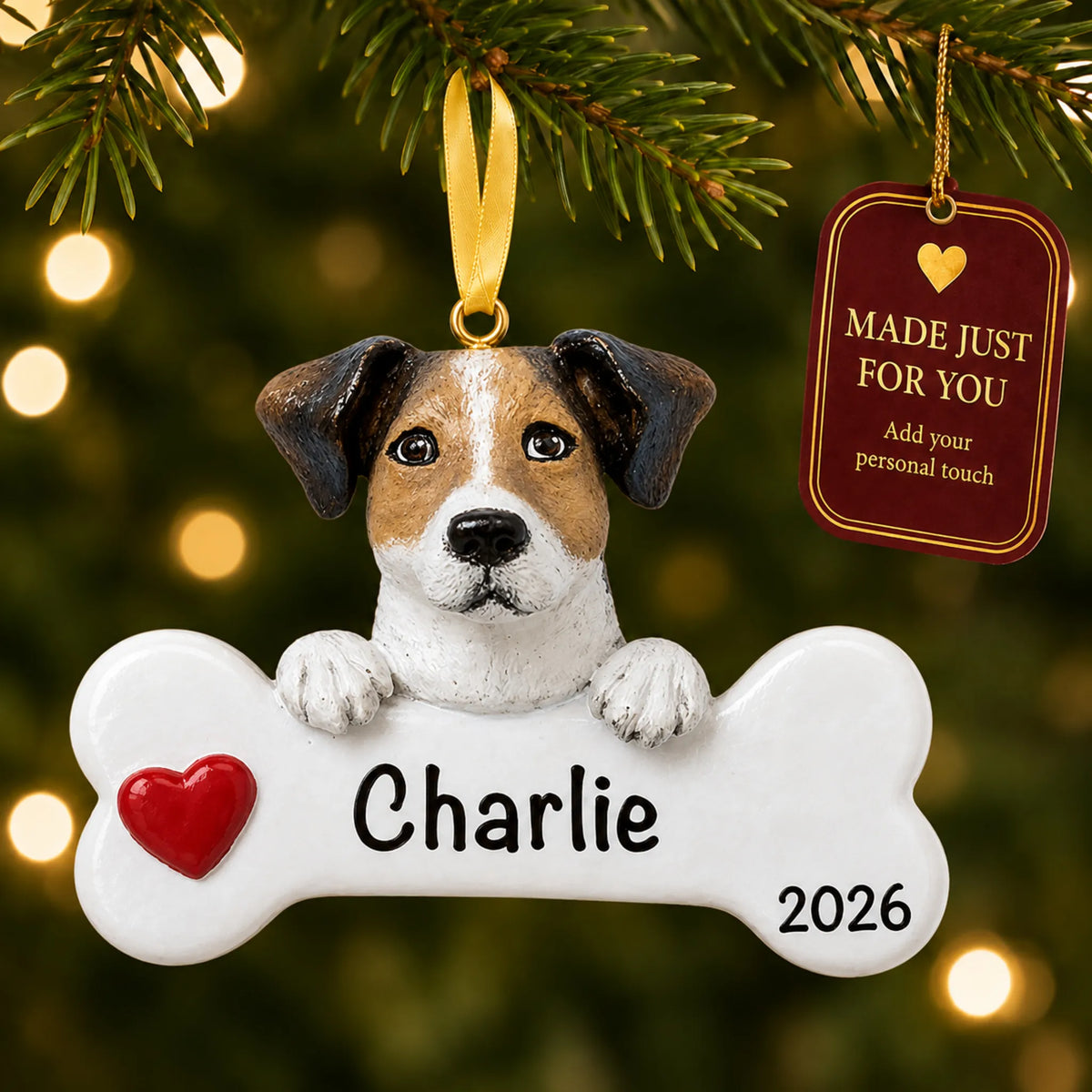 Personalized Jack Russell Christmas ornament hanging on a lit tree beside a Made Just For You tag