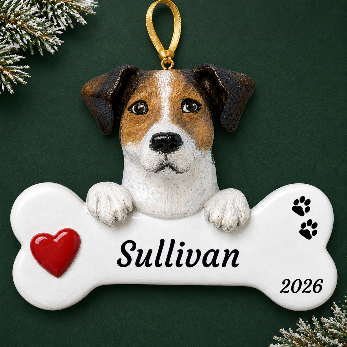 Personalized Jack Russell Dog Bone christmas ornament on a dark green pine background