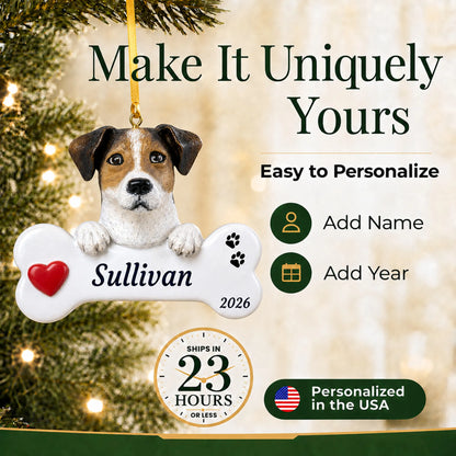 Make it yours: personalize the Jack Russell Dog Bone christmas ornament with your dog's name and the year