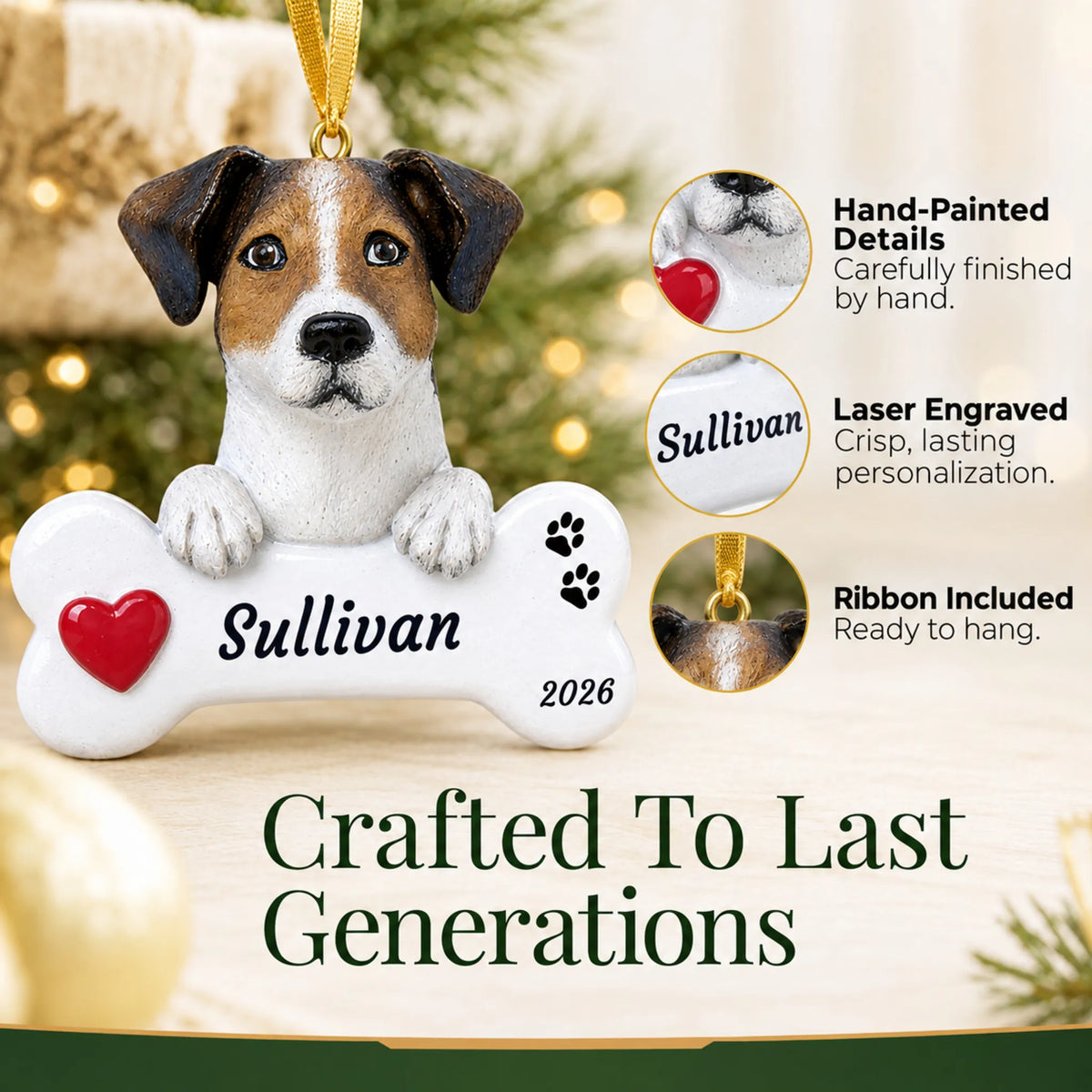 Hand-painted, laser engraved Jack Russell Dog Bone christmas ornament, ribbon included