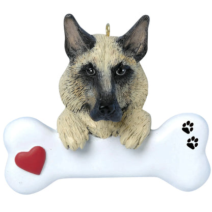 Personalized German shepherd dog bone Christmas ornament shown blank, ready for your dog's name and year