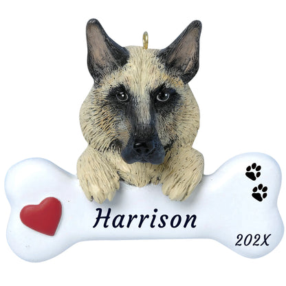 Personalized German shepherd dog bone Christmas ornament, a tan and black shepherd on a white bone, red heart, name and year