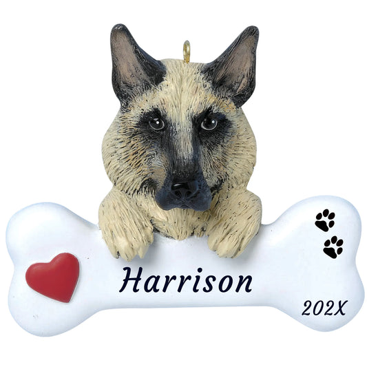 Personalized German shepherd dog bone Christmas ornament, a tan and black shepherd on a white bone, red heart, name and year