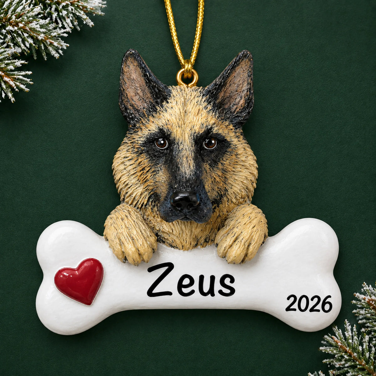 Personalized German shepherd dog bone Christmas ornament, engraved with a name and year, on a green holiday backdrop