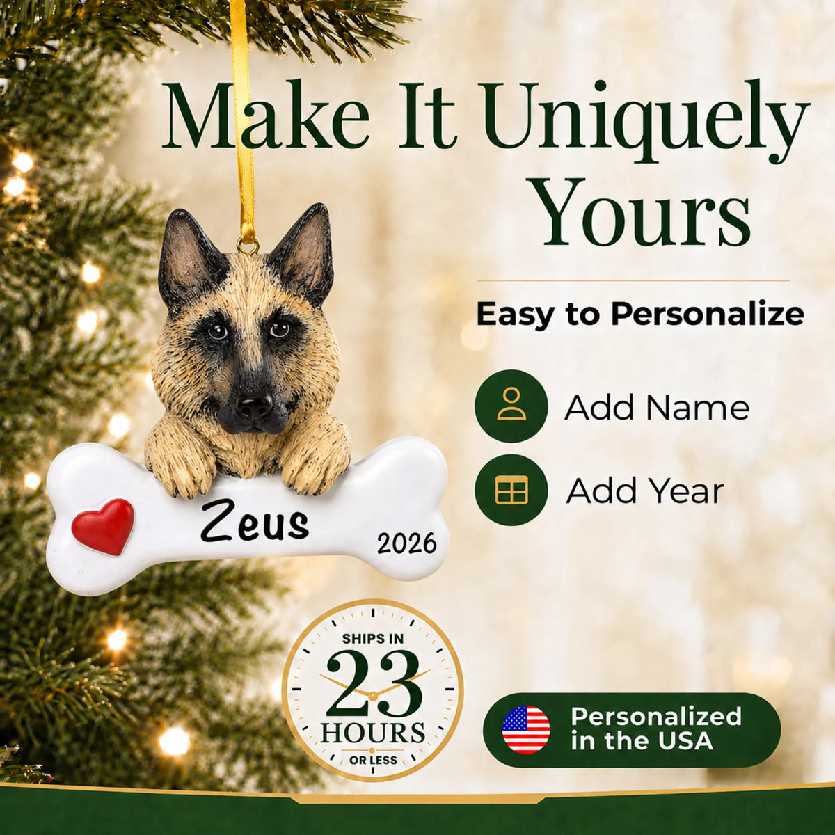 Personalized German shepherd Christmas ornament with name and year options, ships in 23 hours, made in the USA