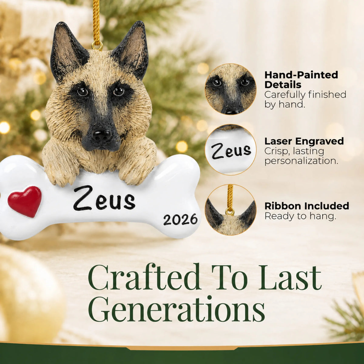 Close-up of the personalized German shepherd Christmas ornament showing hand-painted details and laser engraving