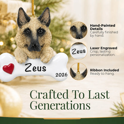 Close-up of the personalized German shepherd Christmas ornament showing hand-painted details and laser engraving