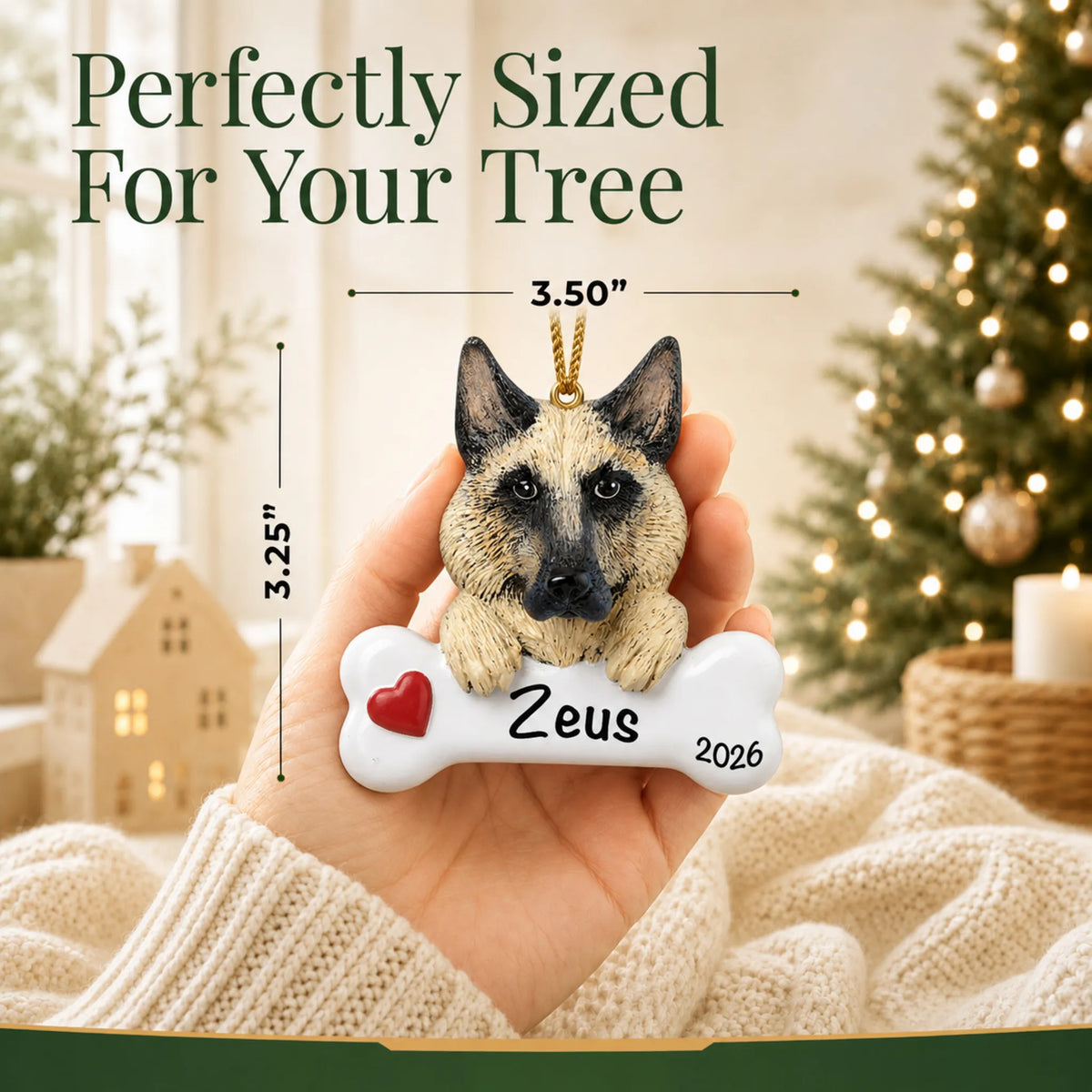 Hand holding the personalized German shepherd Christmas ornament to show its 3.50 inch width