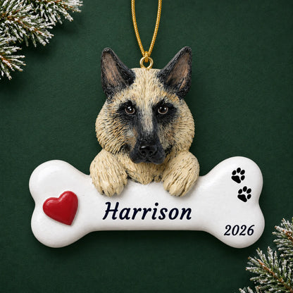 Personalized German Shepherd Dog Bone christmas ornament on a dark green pine background