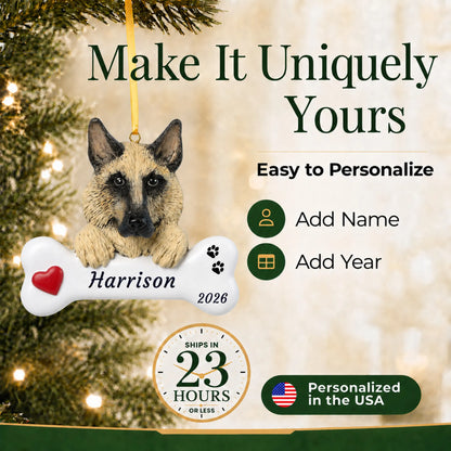 Make it yours: personalize the German Shepherd Dog Bone christmas ornament with your dog's name and the year
