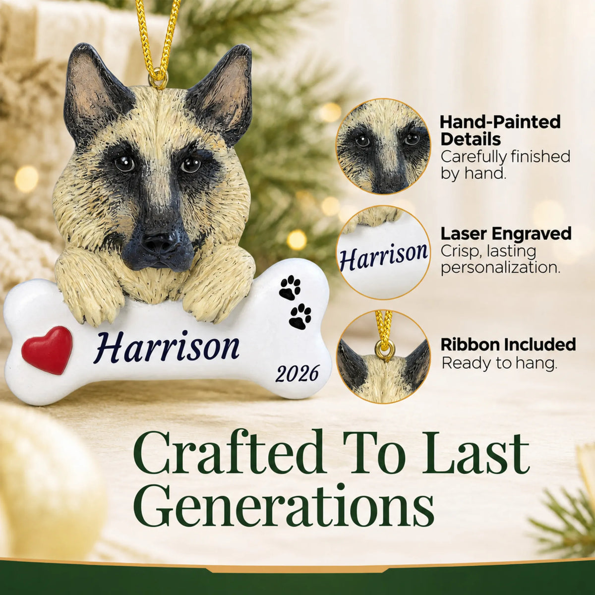 Hand-painted, laser engraved German Shepherd Dog Bone christmas ornament, ribbon included