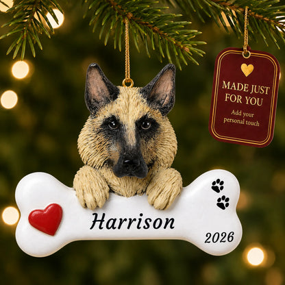 German Shepherd Dog Bone christmas ornament hanging on a lit Christmas tree with a Made Just For You gift tag