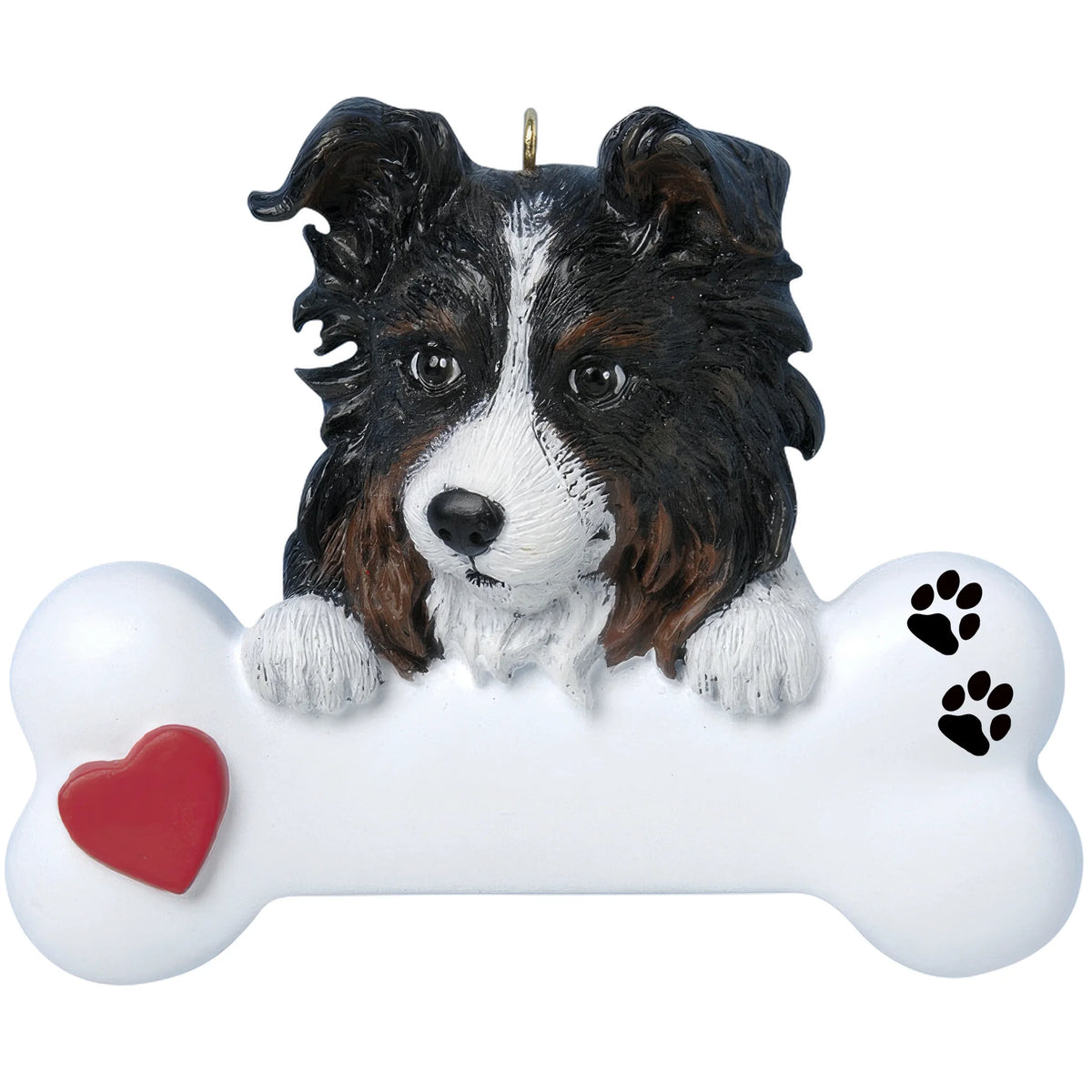 Personalized Australian shepherd dog bone Christmas ornament shown blank, ready for your dog's name and year