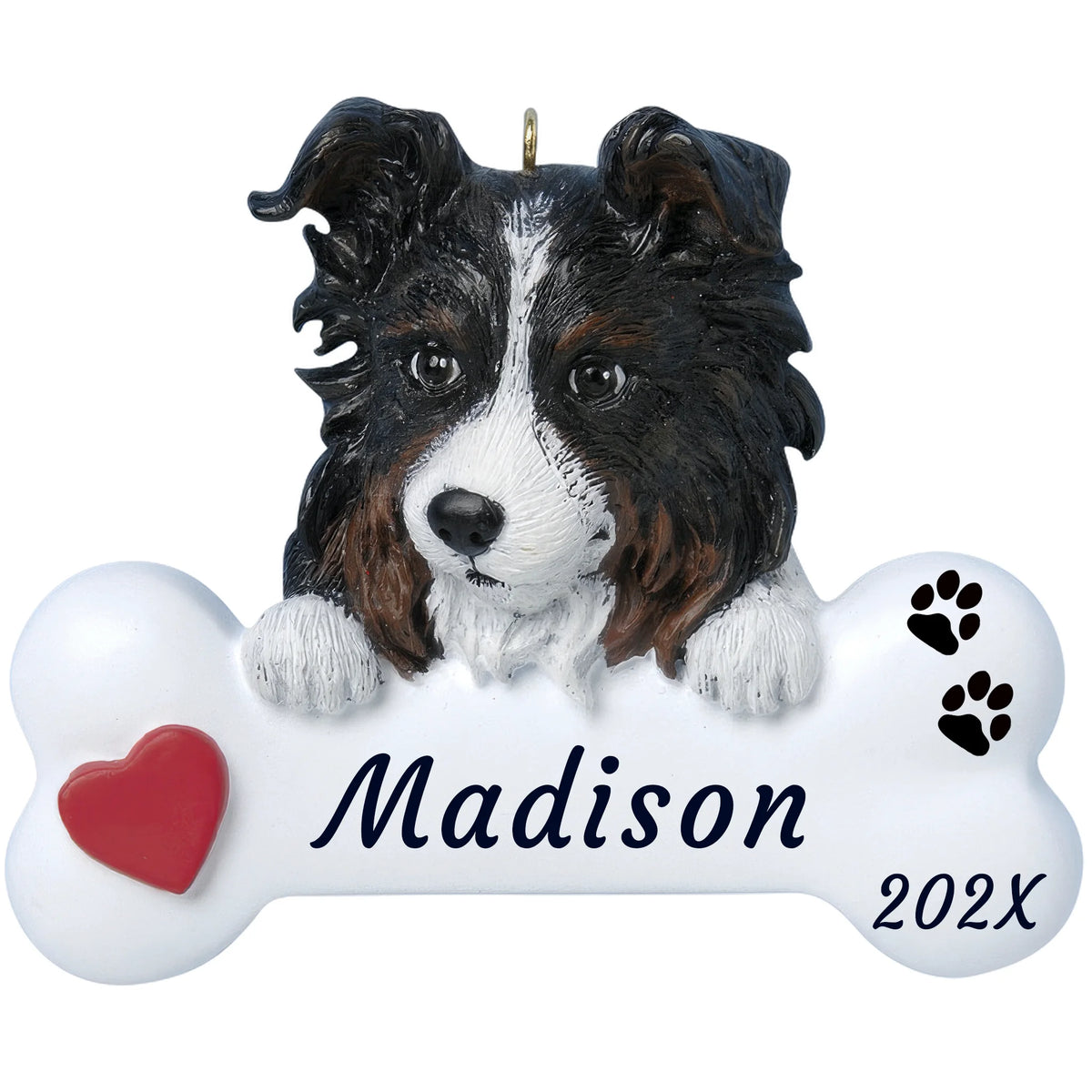 Personalized Australian shepherd dog bone Christmas ornament, a tri-color Aussie on a white bone, red heart, name and year