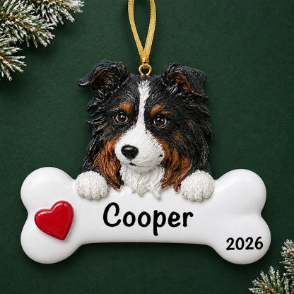 Personalized Australian shepherd dog bone Christmas ornament, engraved with a name and year, on a green holiday backdrop