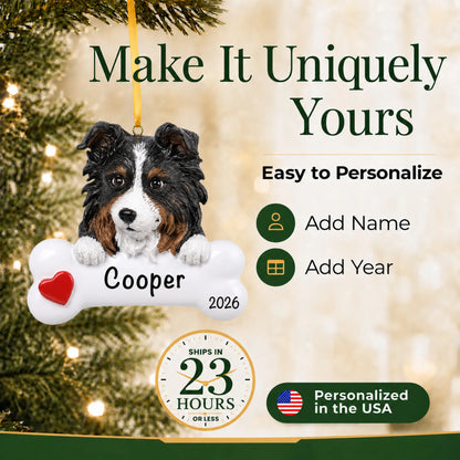 Personalized Australian shepherd Christmas ornament with name and year options, ships in 23 hours, made in the USA